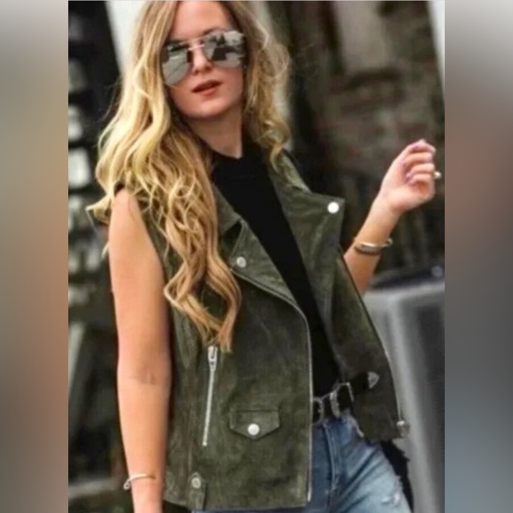 Blank NYC Olive Green Suede Leather Moto Vest